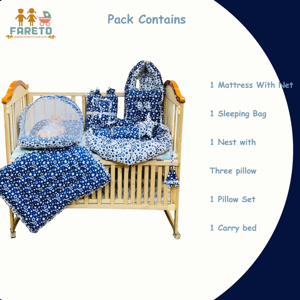 Fareto Complete Bedding Set essentials Combo For Baby (0-6 Months)(Blue star)