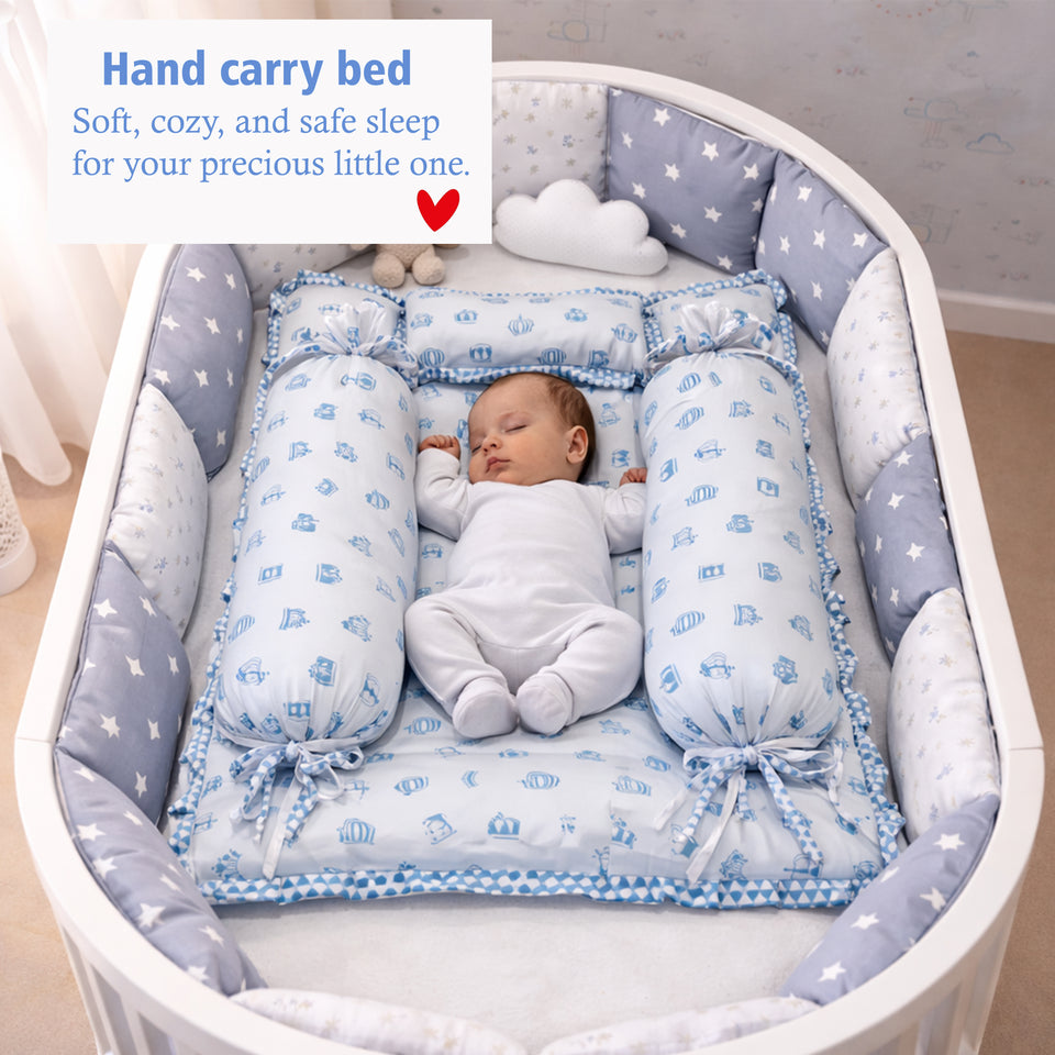 Fareto Baby bedding Essentials 1 Nest | 1 Mattress with net | 1 Carry bed | 1 Bolster set | 1 Carry bag | 1 Portable bed | 1 Feeding pillow | 1 Blanket (0-6M)(F502)