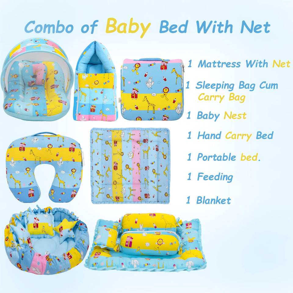 Fareto Baby bedding Essentials 1 Nest | 1 Mattress with net | 1 Carry bed | 1 Bolster set | 1 Carry bag | 1 Portable bed | 1 Feeding pillow | 1 Blanket (0-6M)