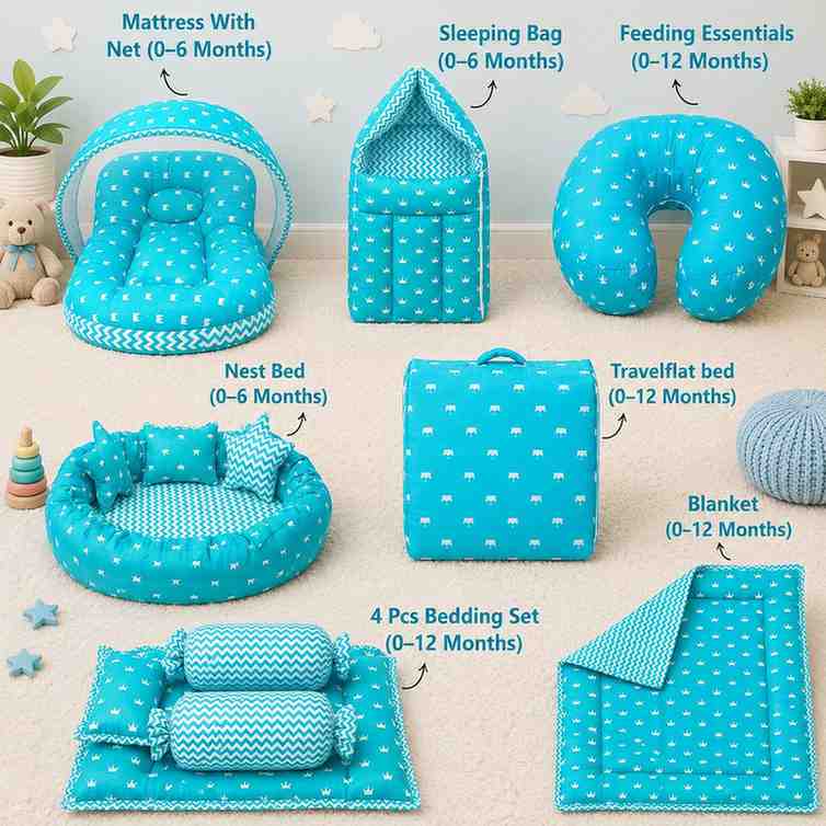 Fareto Baby bedding Essentials 1 Nest | 1 Mattress with net | 1 Carry bed | 1 Bolster set | 1 Carry bag | 1 Portable bed | 1 Feeding pillow | 1 Blanket (0-6M)(F496)