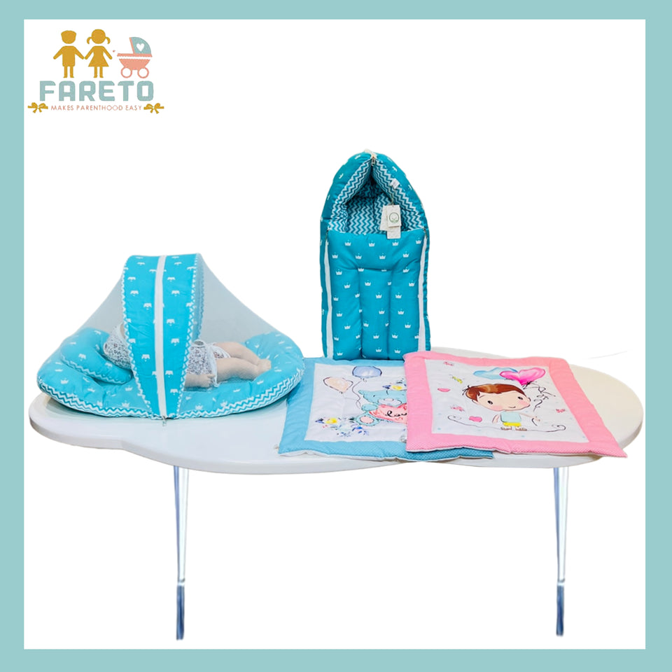 Fareto New Born Baby Premium Quality Mattress with Net & Sleeping Bag & Hand Carry bed(0- 6Months)