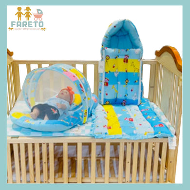 Fareto New Born Baby Premium Quality Mattress with Net | Sleeping Bag | Carry Bed (0-4 Months)(Blue Ziraf)