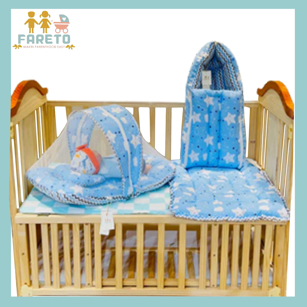 Fareto New Born Baby Premium Quality Mattress with Net | Sleeping Bag | Carry Bed  (0-4 Months)(cloud blue)