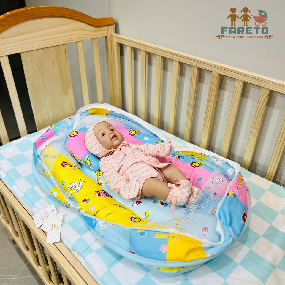 Fareto New Born Baby Premium Quality Mattress with Net & Sleeping Bag(0- 4Months)(Blue Ziraf)