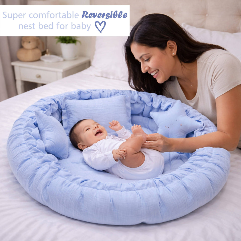 Fareto Newborn Baby 100% Muslin Cotton Bedding Set Combo | Sleeping Bag | Mattress with Net | Nest  | Blanket | Hand Carry Bed & Bolster Set |  (0-6 Months)(F721)