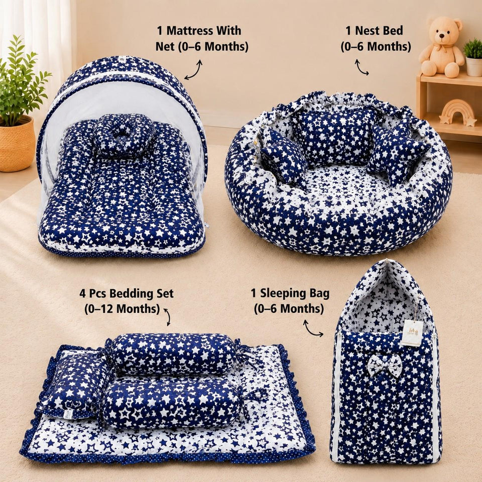 Fareto Complete Bedding Set essentials Combo For Baby (0-6 Months)(Blue star)(F418)