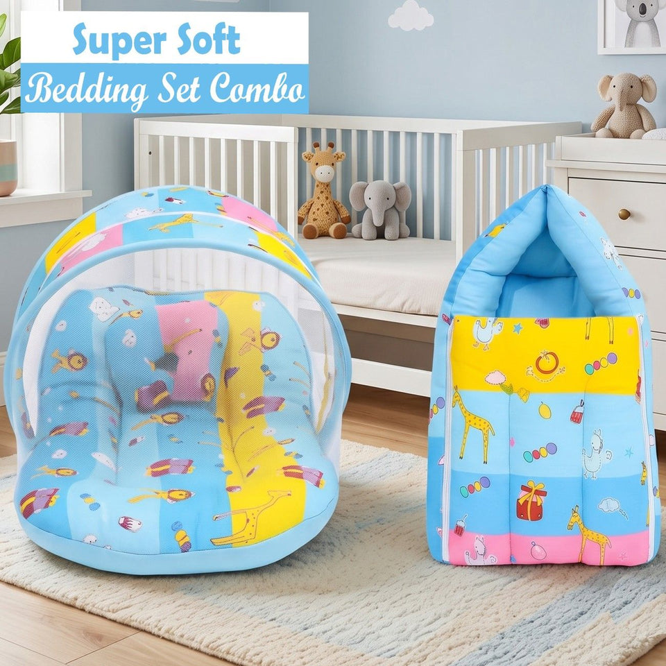 Fareto New Born Baby Premium Quality Mattress with Net & Sleeping Bag(0- 4Months)(Blue Ziraf)(F84)