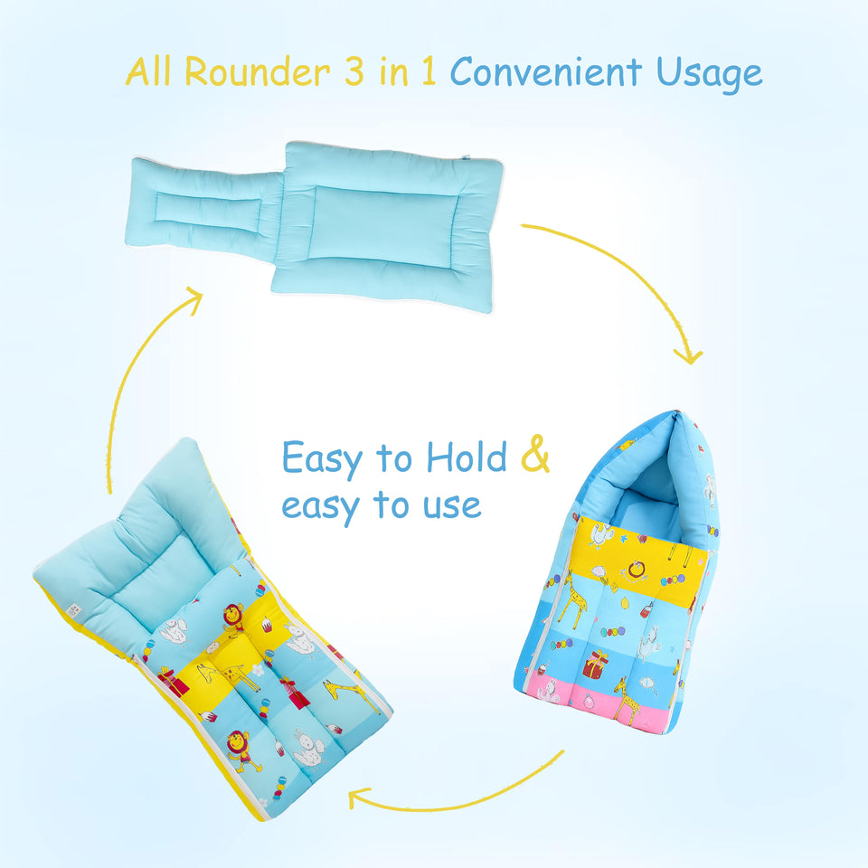 Fareto New Born Baby Premium Quality Mattress with Net | Sleeping Bag | Carry Bed (0-4 Months)(Blue Ziraf)