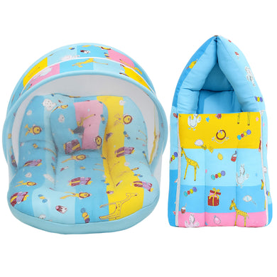Fareto New Born Baby Premium Quality Mattress with Net & Sleeping Bag(0- 4Months)(Blue Ziraf)