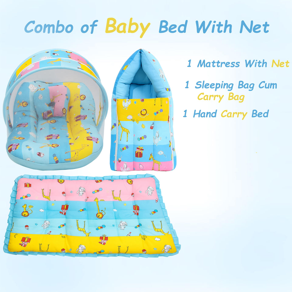 Fareto New Born Baby Premium Quality Mattress with Net | Sleeping Bag | Carry Bed (0-4 Months)(Blue Ziraf)