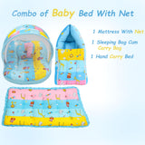 Fareto New Born Baby Premium Quality Mattress with Net | Sleeping Bag | Carry Bed (0-4 Months)(Blue Ziraf)