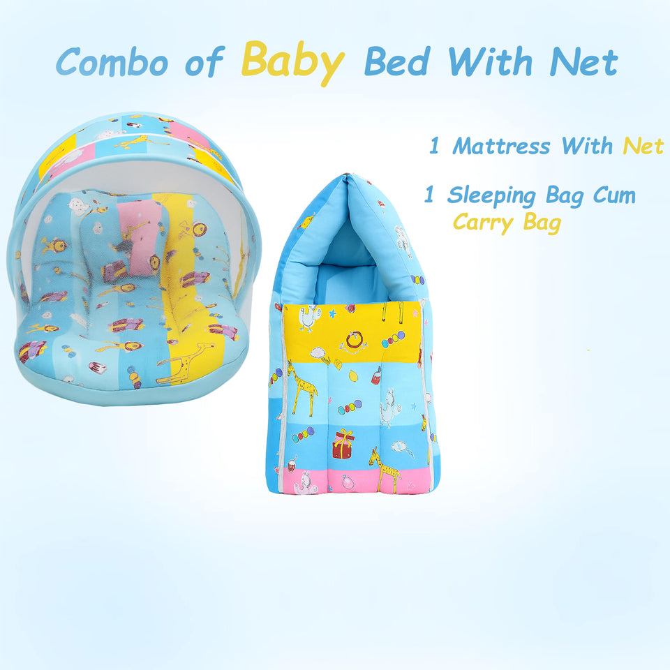 Fareto New Born Baby Premium Quality Mattress with Net & Sleeping Bag(0- 4Months)(Blue Ziraf)