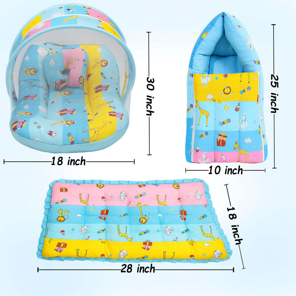 Fareto New Born Baby Premium Quality Mattress with Net | Sleeping Bag | Carry Bed (0-4 Months)(Blue Ziraf)