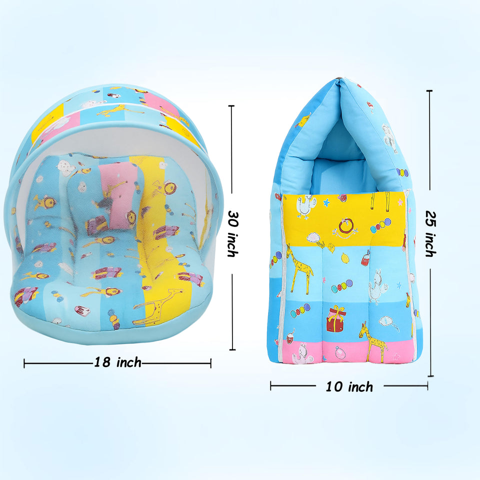 Fareto New Born Baby Premium Quality Mattress with Net & Sleeping Bag(0- 4Months)(Blue Ziraf)