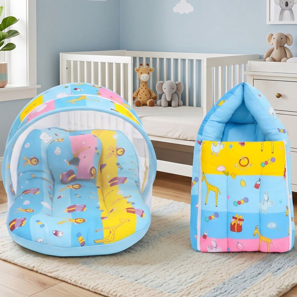Fareto New Born Baby Premium Quality Mattress with Net & Sleeping Bag(0- 4Months)(Blue Ziraf)(F84)