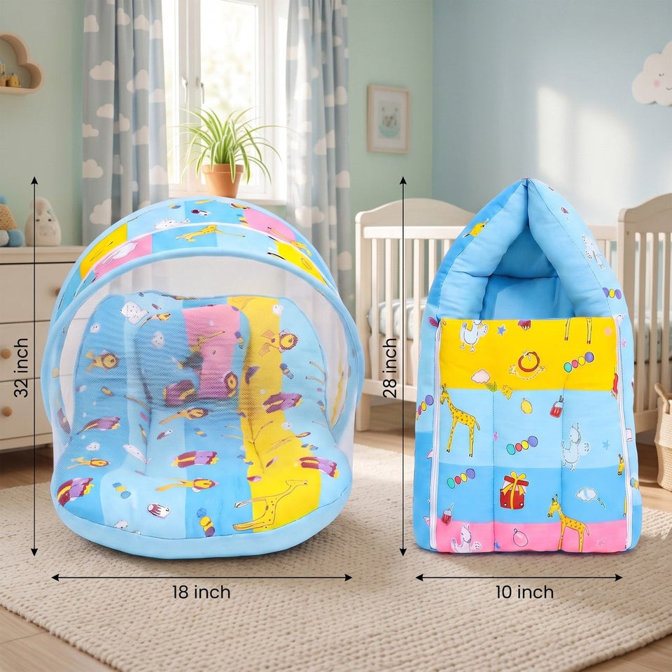 Fareto New Born Baby Premium Quality Mattress with Net & Sleeping Bag(0- 4Months)(Blue Ziraf)(F84)