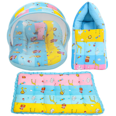 Fareto New Born Baby Premium Quality Mattress with Net | Sleeping Bag | Carry Bed (0-4 Months)(Blue Ziraf)