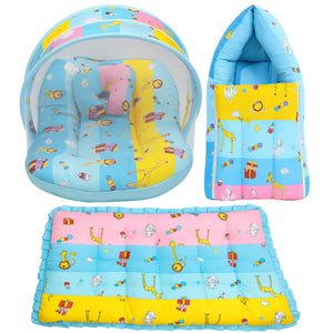 Fareto New Born Baby Premium Quality Mattress with Net | Sleeping Bag | Carry Bed (0-4 Months)(Blue Ziraf)