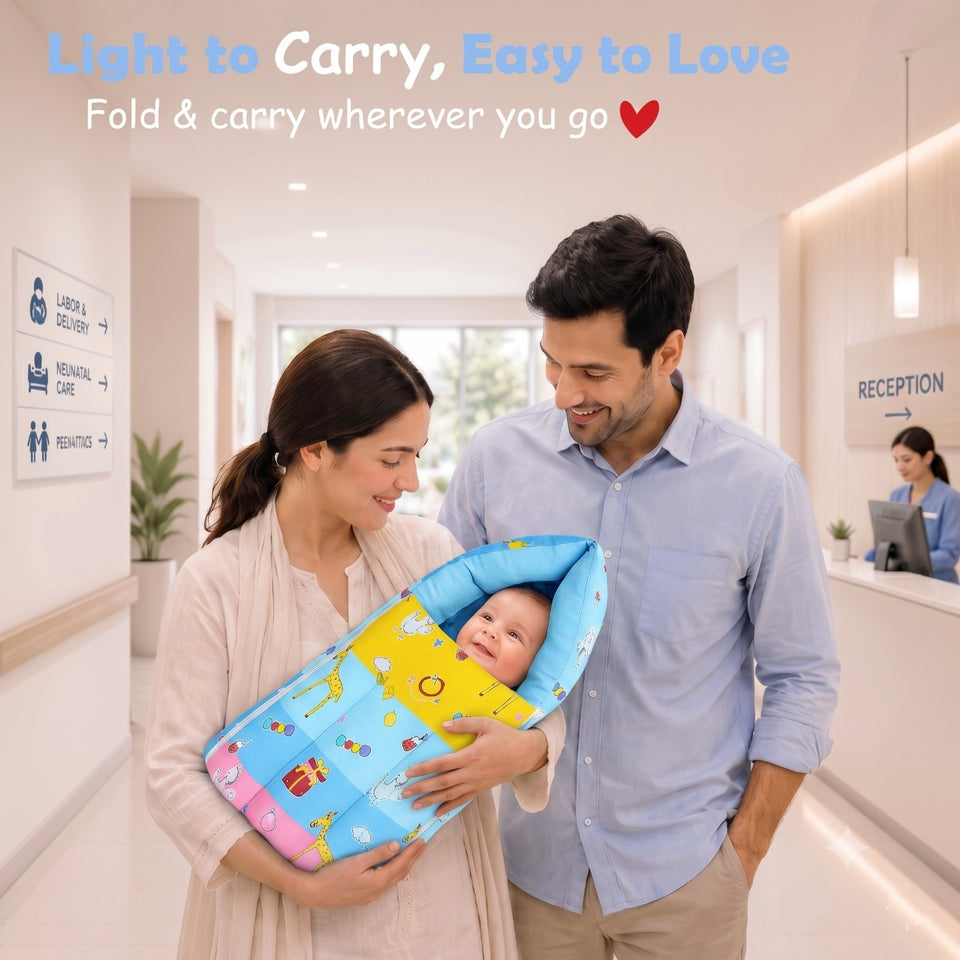 Fareto New Born Baby Premium Quality Mattress with Net & Sleeping Bag(0- 4Months)(Blue Ziraf)(F84)