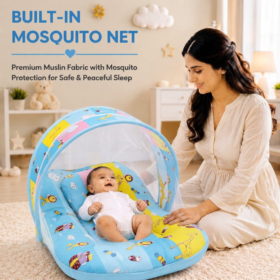 Fareto New Born Baby Premium Quality Mattress with Net & Sleeping Bag(0- 4Months)(Blue Ziraf)(F84)