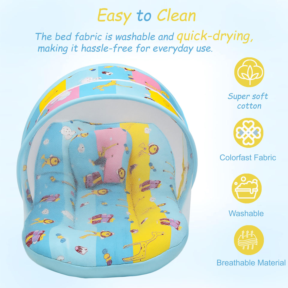 Fareto New Born Baby Premium Quality Mattress with Net | Sleeping Bag | Carry Bed (0-4 Months)(Blue Ziraf)