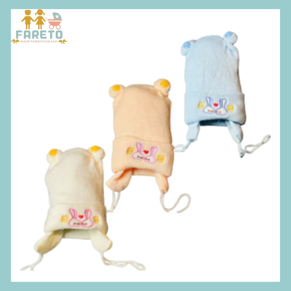 Fareto New Born Baby Super Warm Winter Wollen Cap (Pack of 3)(0-4 months) Colours and designs may vary.