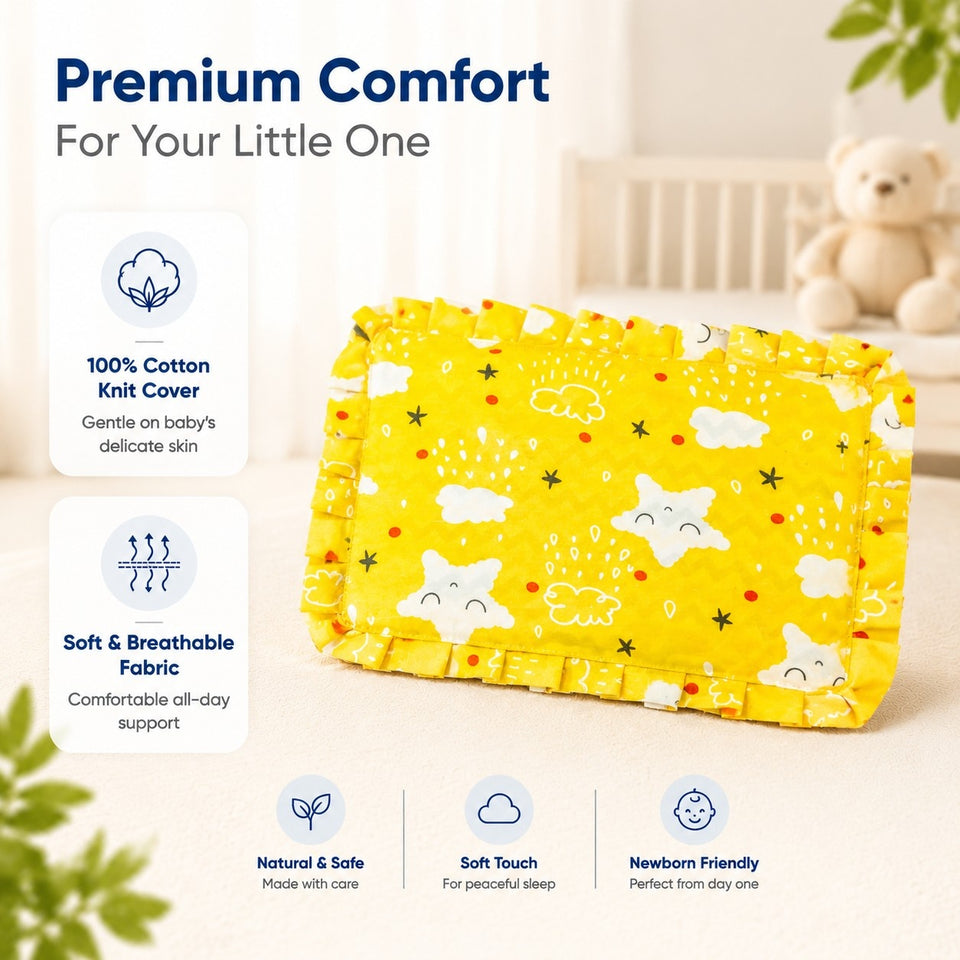 Fareto new born baby super soft cover mustard filling pillow for round head(0-1 YEAR)(F346)