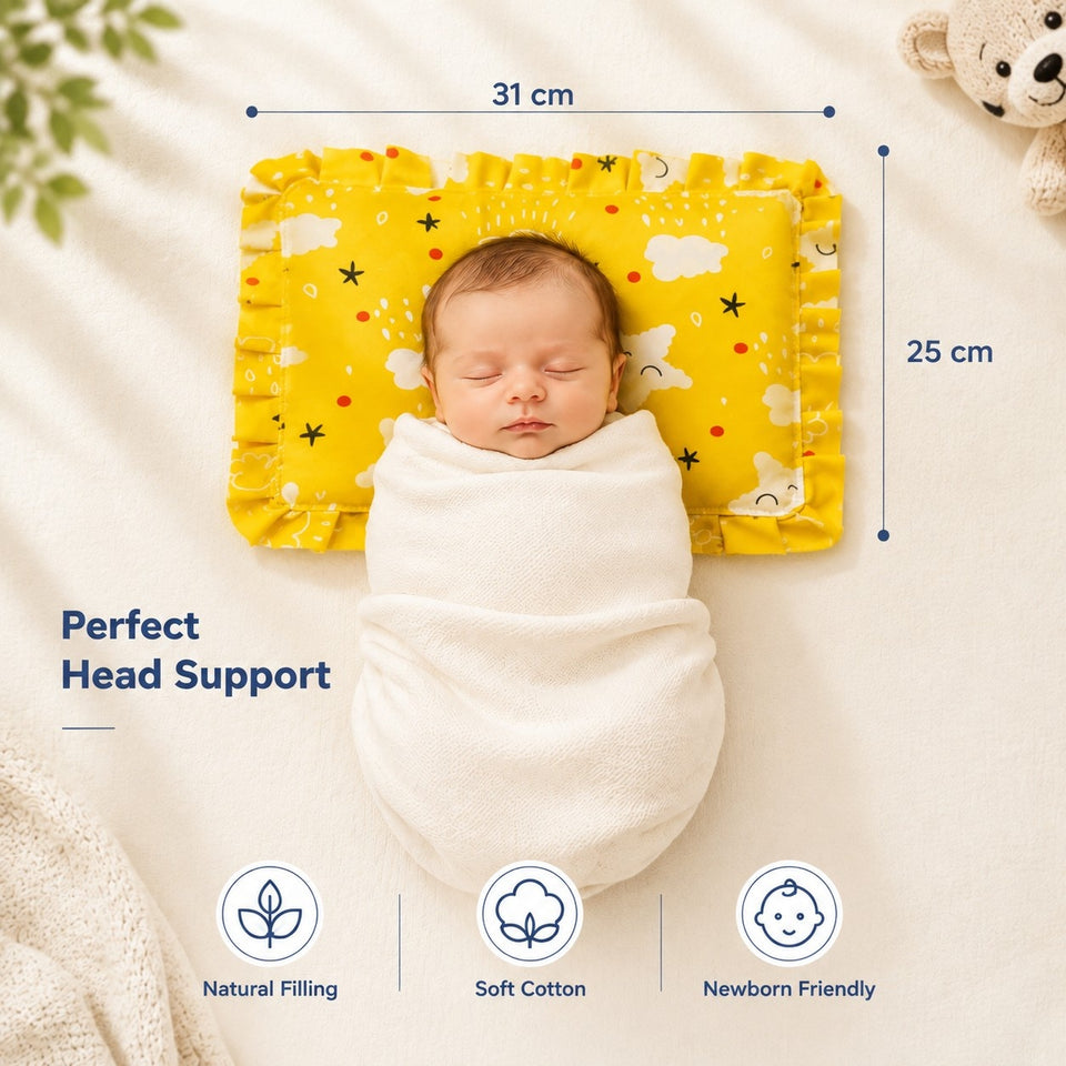 Fareto new born baby super soft cover mustard filling pillow for round head(0-1 YEAR)(F346)