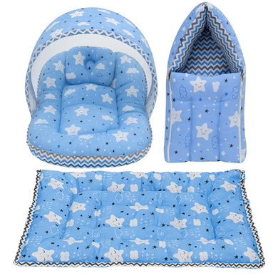 Fareto New Born Baby Premium Quality Mattress with Net | Sleeping Bag | Carry Bed  (0-4 Months)(cloud blue)