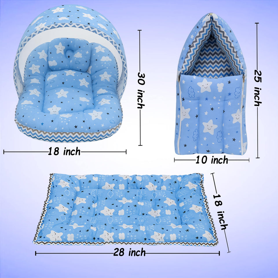 Fareto New Born Baby Premium Quality Mattress with Net | Sleeping Bag | Carry Bed  (0-4 Months)(cloud blue)