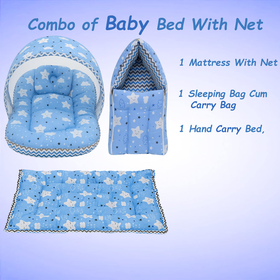 Fareto New Born Baby Premium Quality Mattress with Net | Sleeping Bag | Carry Bed  (0-4 Months)(cloud blue)