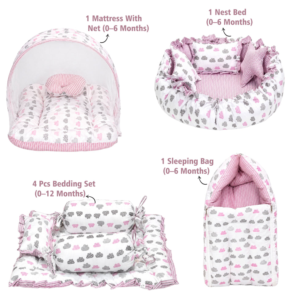 Fareto Complete Bedding Set essentials Combo For Baby (0-6 Months)(Cloud Line Lavender)(F259)