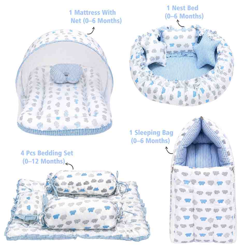 Fareto Complete Bedding Set essentials Combo For Baby (0-6 Months)(Cloud Line Blue)(F260)