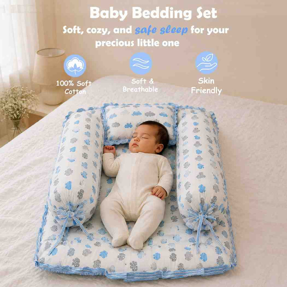 Fareto Complete Bedding Set essentials Combo For Baby (0-6 Months)(Cloud Line Blue)(F260)