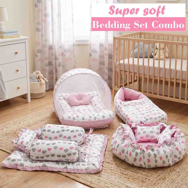 Fareto Complete Bedding Set essentials Combo For Baby (0-6 Months)(Cloud Line Pink)(F261)