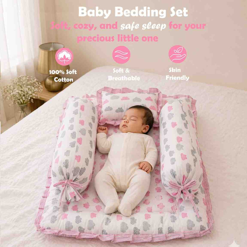 Fareto Complete Bedding Set essentials Combo For Baby (0-6 Months)(Cloud Line Pink)(F261)