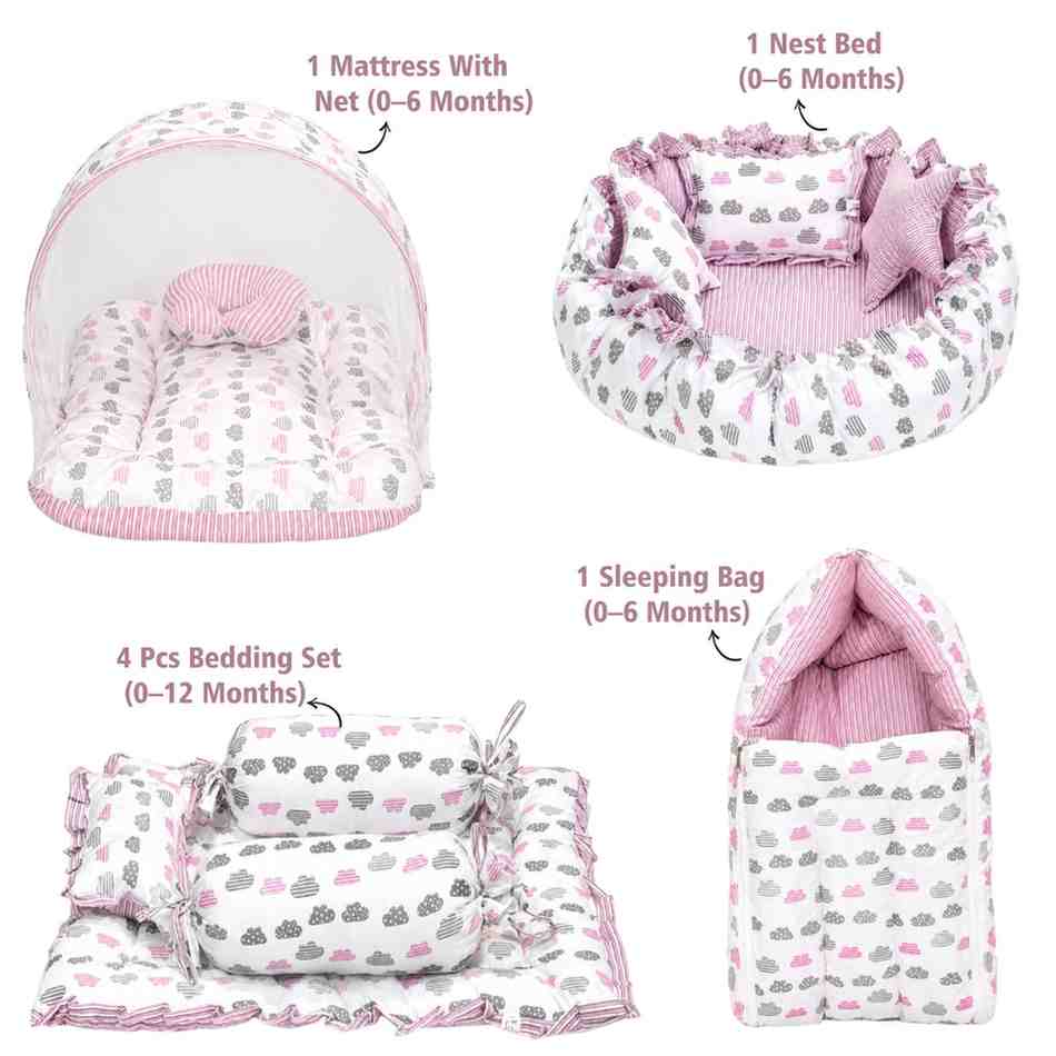 Fareto Complete Bedding Set essentials Combo For Baby (0-6 Months)(Cloud Line Lavender)(F259)