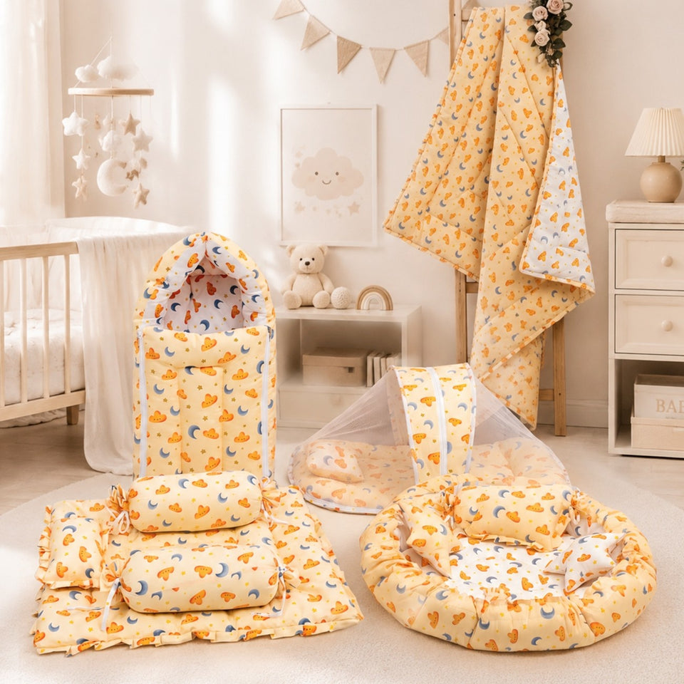 Fareto Premium Quality New Born Baby Full Bedding Set Combo (Cloud Moon Orange)  (0-6 Months)(F20)