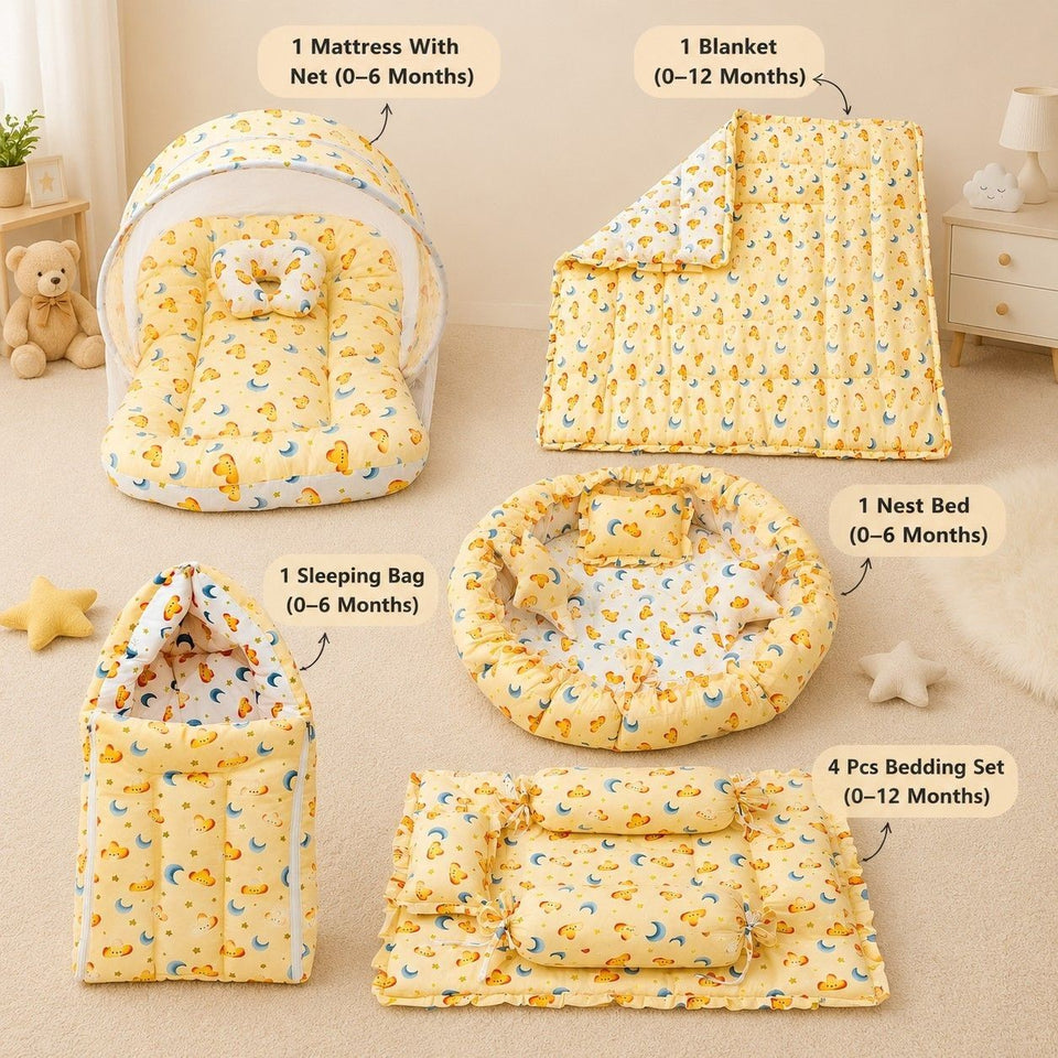 Fareto Premium Newborn Baby Semi-Winter Season Hospital Essentials Combo | 86-in-1 Baby Gift Pack | Maternity Essentials & Bedding Set | 0–6 Months (F370)