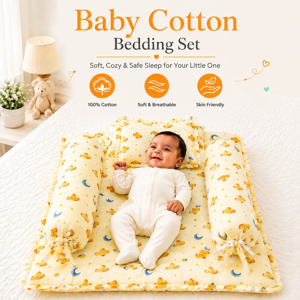 Fareto Premium Quality New Born Baby Full Bedding Set Combo (Cloud Moon Orange)  (0-6 Months)(F20)