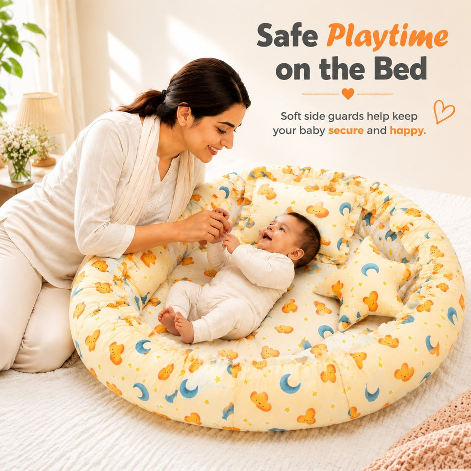 Fareto Premium Quality New Born Baby Full Bedding Set Combo (Cloud Moon Orange)  (0-6 Months)(F20)