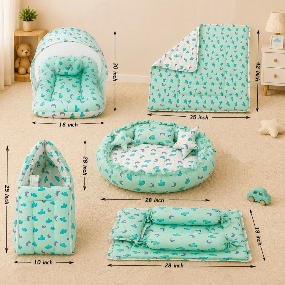 Fareto Premium Quality New Born Baby Full Bedding Set Combo(Pista Green Moon nd Cloud) (0-6 Months)(F19)