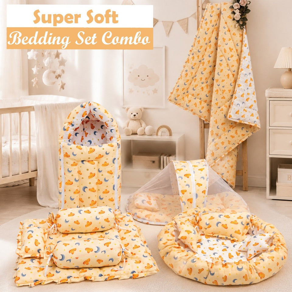 Fareto Premium Quality New Born Baby Full Bedding Set Combo (Cloud Moon Orange)  (0-6 Months)(F20)