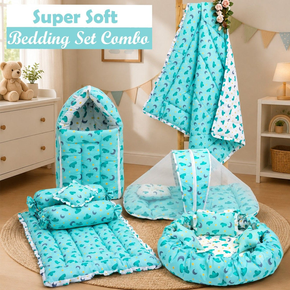 Fareto Premium Quality New Born Baby Full Bedding Set Combo(Pista Green Moon nd Cloud) (0-6 Months)(F19)