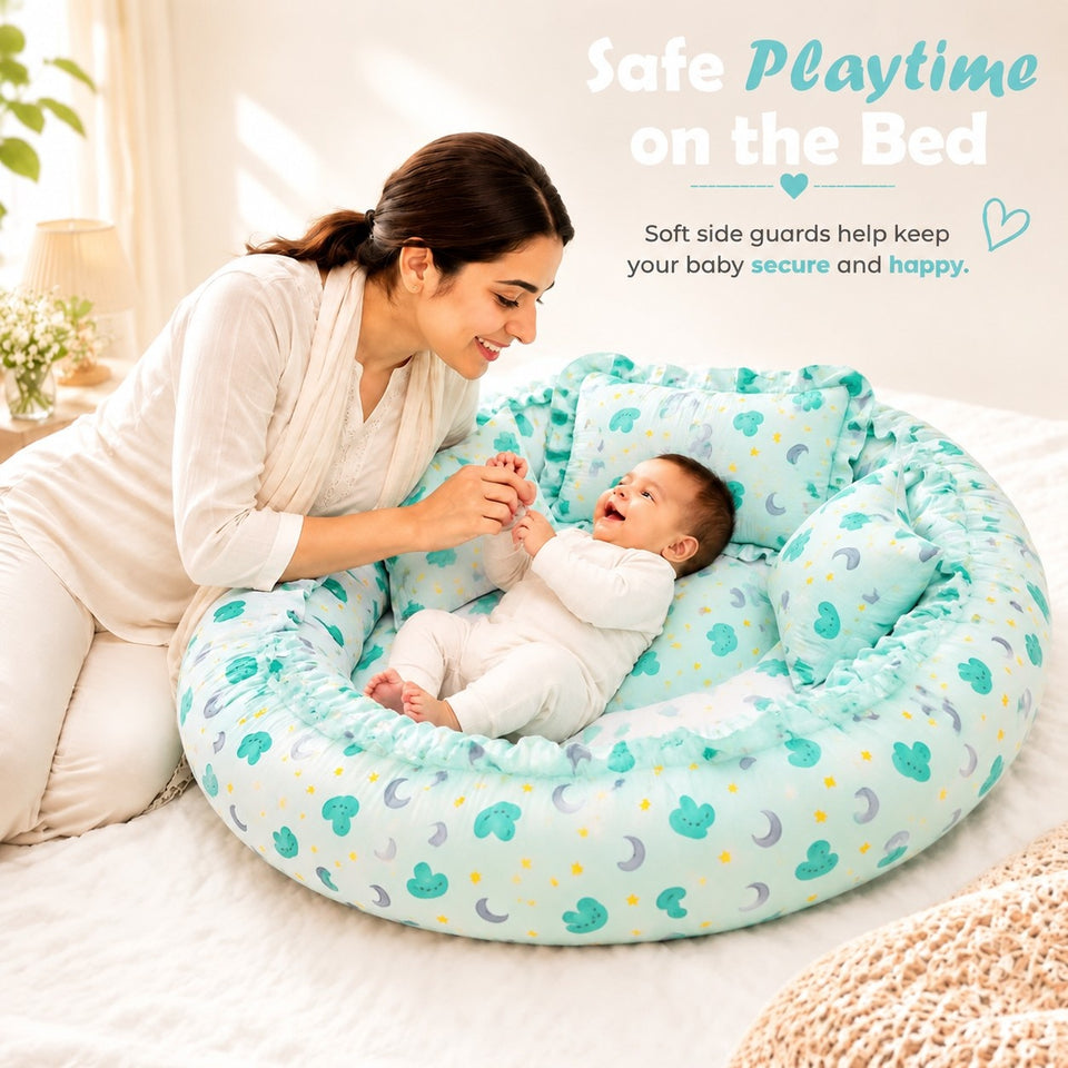 Fareto Premium Quality New Born Baby Full Bedding Set Combo(Pista Green Moon nd Cloud) (0-6 Months)(F19)