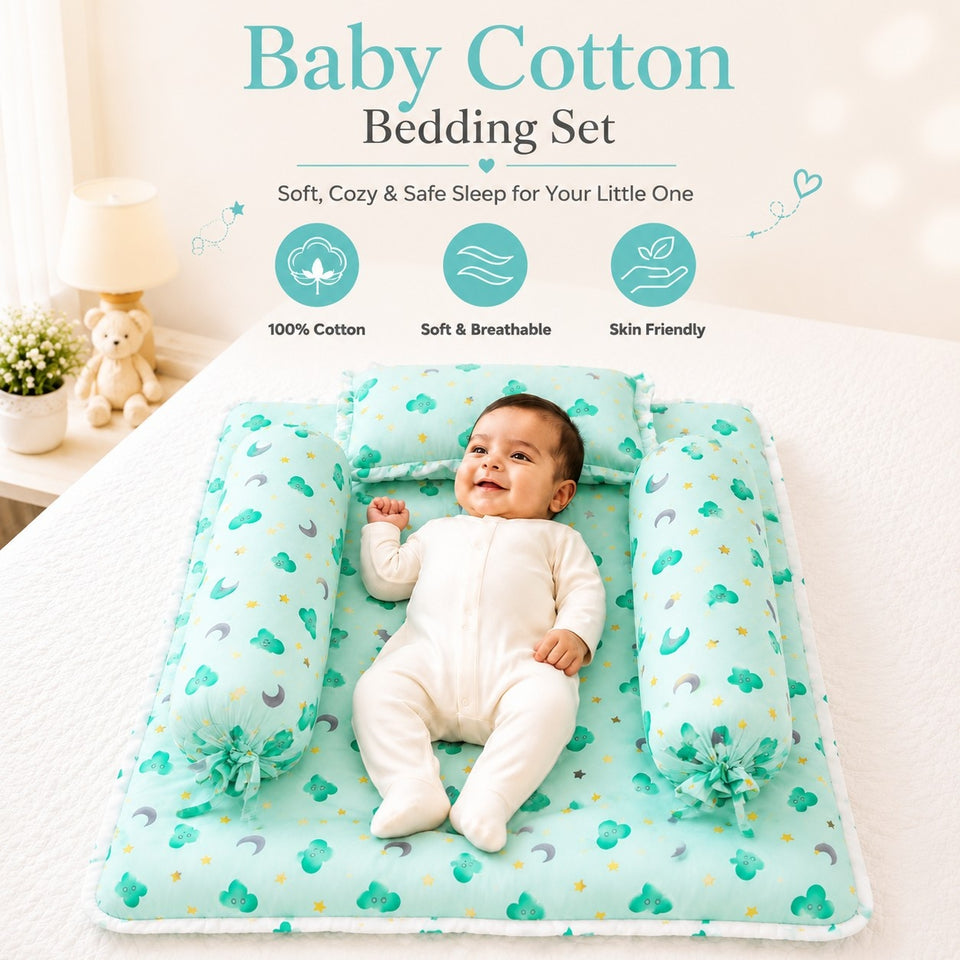 Fareto Premium Quality New Born Baby Full Bedding Set Combo(Pista Green Moon nd Cloud) (0-6 Months)(F19)