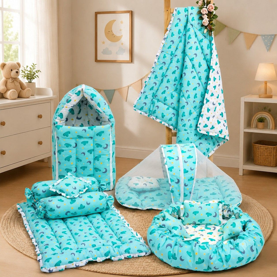Fareto Premium Quality New Born Baby Full Bedding Set Combo(Pista Green Moon nd Cloud) (0-6 Months)(F19)