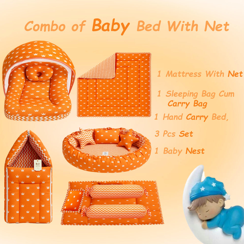 Fareto New Born Baby Full Bedding Set Combo (Crown Orange) (0-6 Months)