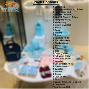 Fareto New Born Baby Hospital Essentials winter pack of 100 (0-6 months) (Crown Blue)