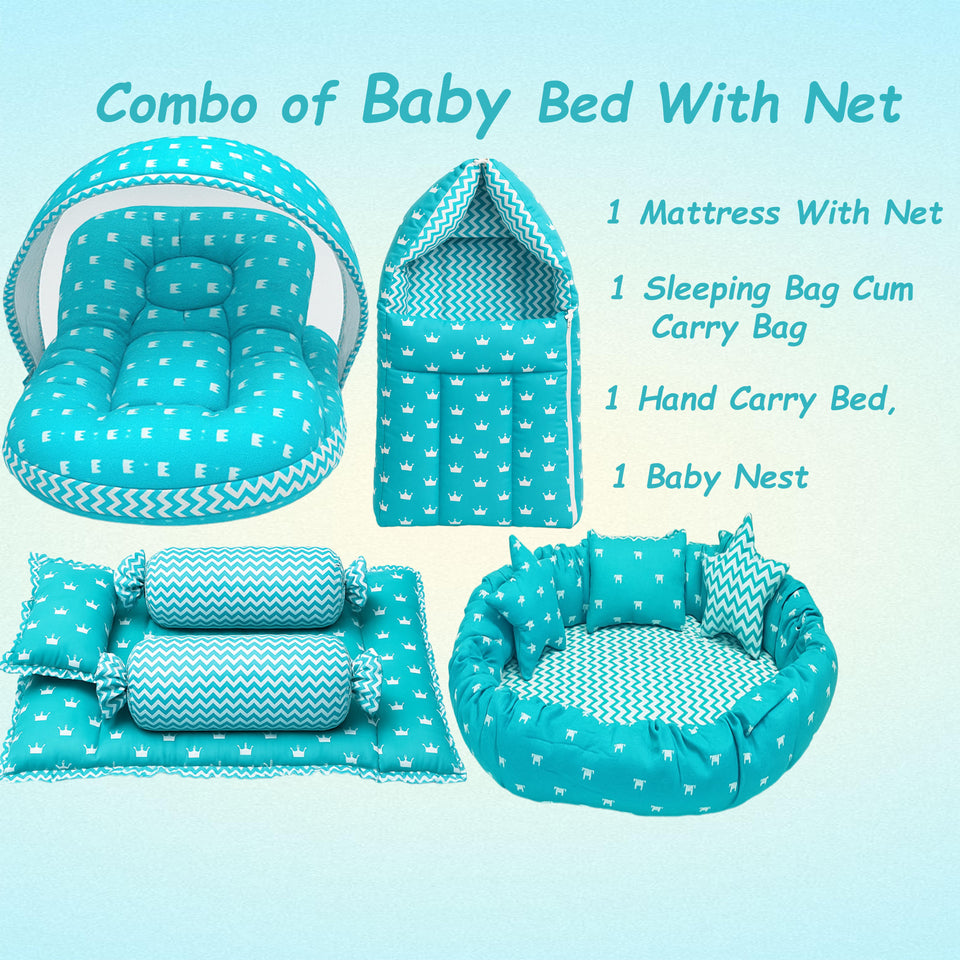 Fareto New Born Baby Full Bedding Set Combo (Crown Blue) (0-6 Months)
